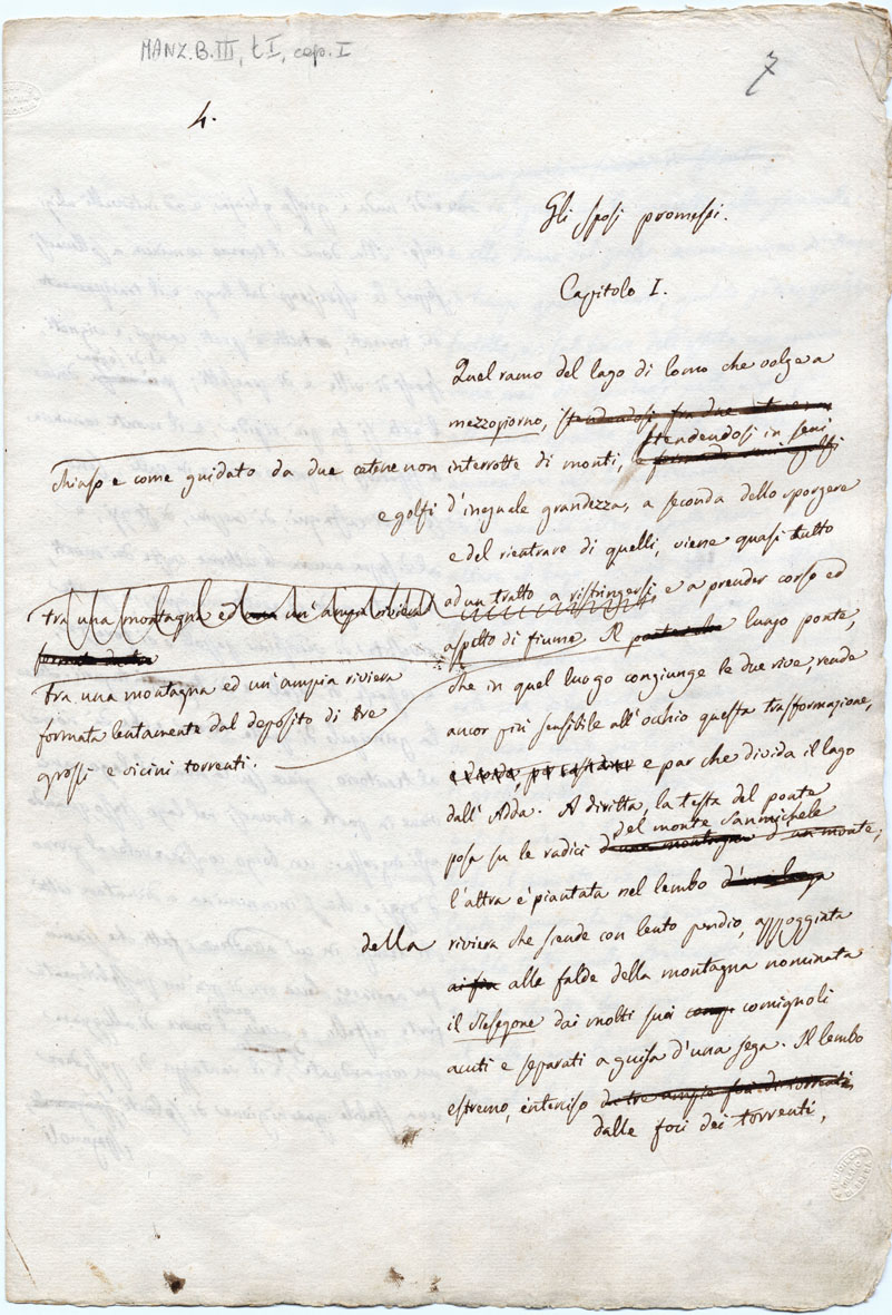 Gli sposi promessi. Seconda minuta. Stesura autografa t. I, cap. I, c. 7 r. Provenienza: Dono di Pietro Brambilla, 1885